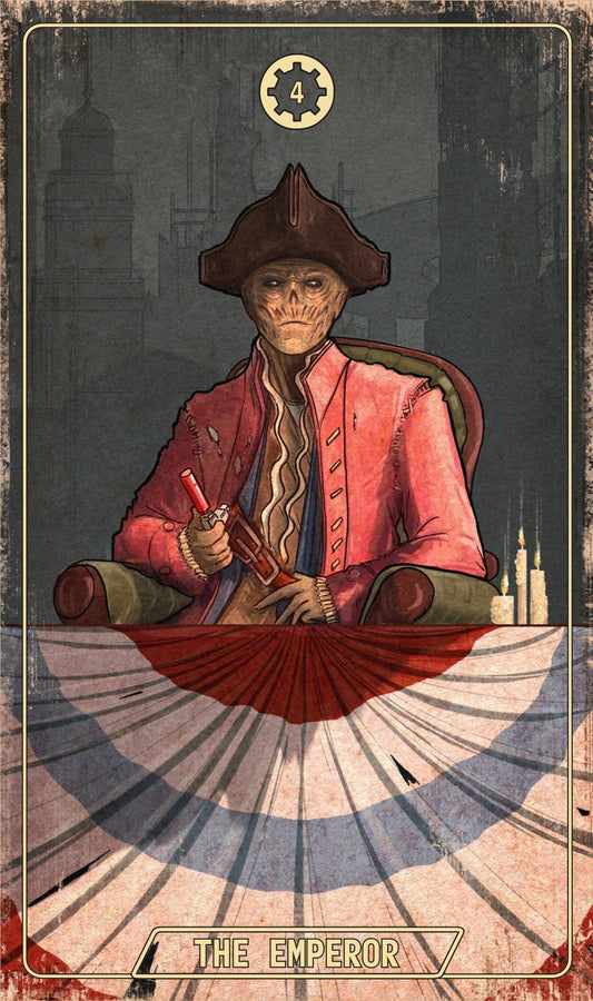 The Emperor card from Fallout: The Official Tarot Deck, featuring a ghoul in colonial attire with a scepter on a throne.