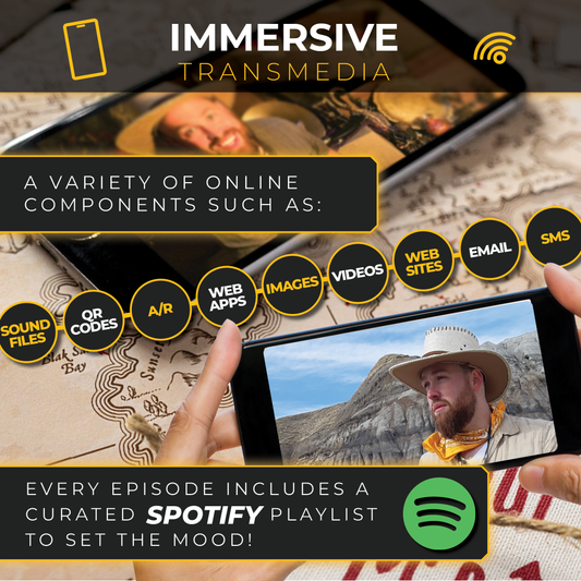 Phone held in hands displaying a man and text for Family Secrets Series: Episode 7 - Buried, immersive transmedia.