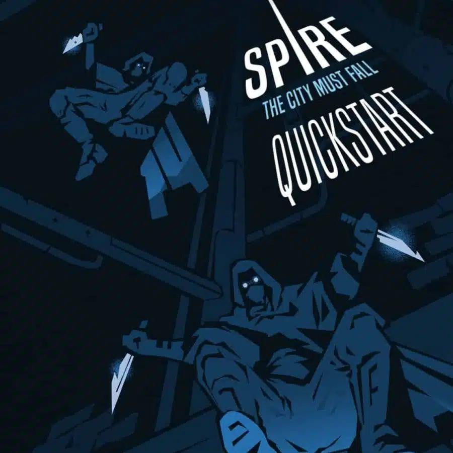 Spire Quickstart tabletop RPG cover with two masked figures holding knives in shadows; title text displayed.