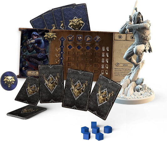 The Witcher Old World board game with cards, blue cubes, a character board, and a monster slayer figurine on a snowy base.
