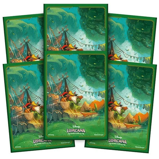 Pack of 65 Robin Hood Lorcana card sleeves with green and orange boat scene, trees, and water.