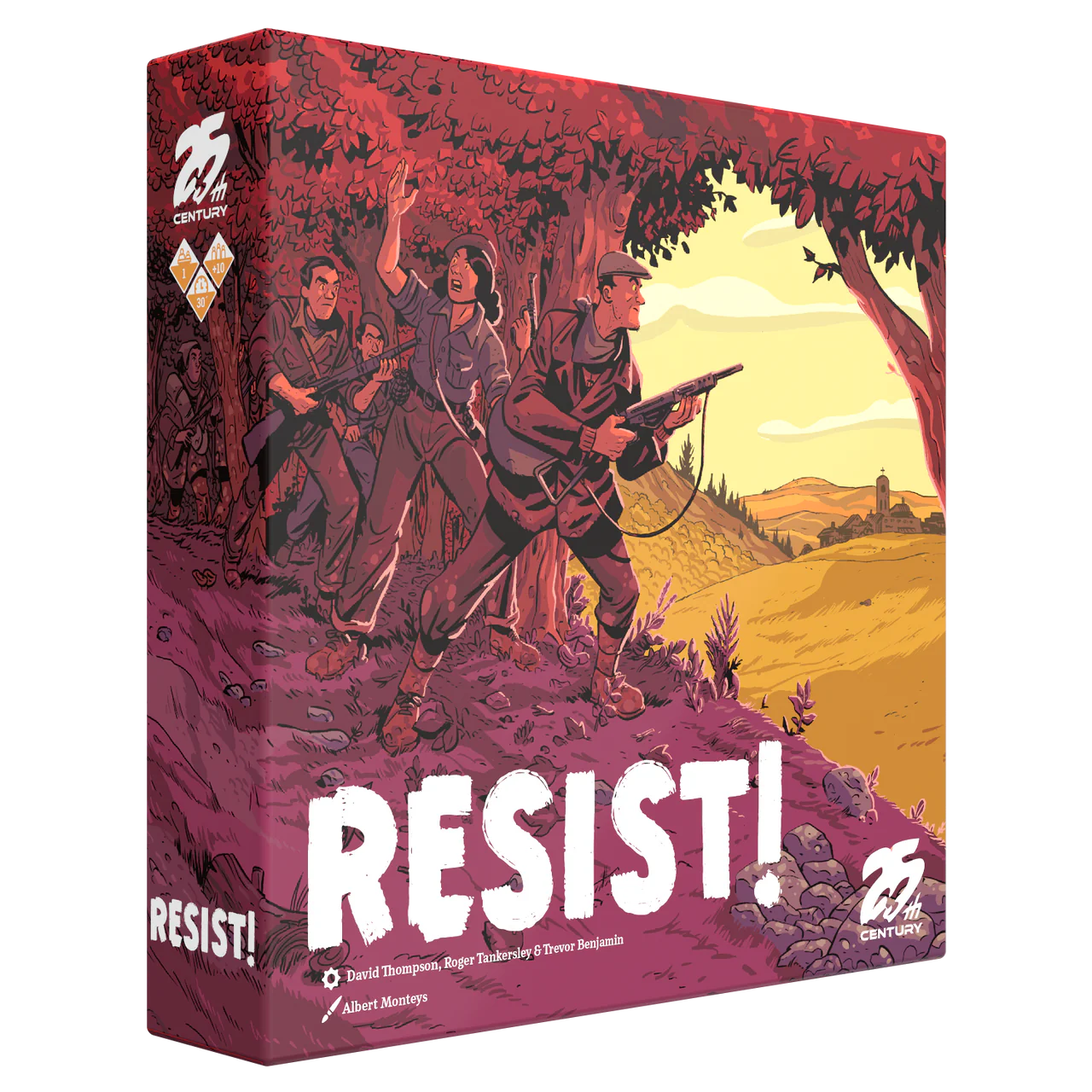 Resist board game box featuring armed figures hiding under a tree; Spanish Civil War and Maquis themes shown.