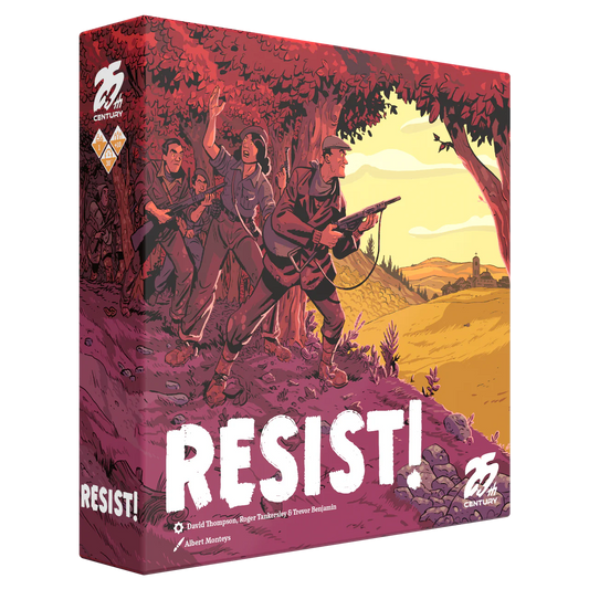 Resist board game box featuring armed figures hiding under a tree; Spanish Civil War and Maquis themes shown.