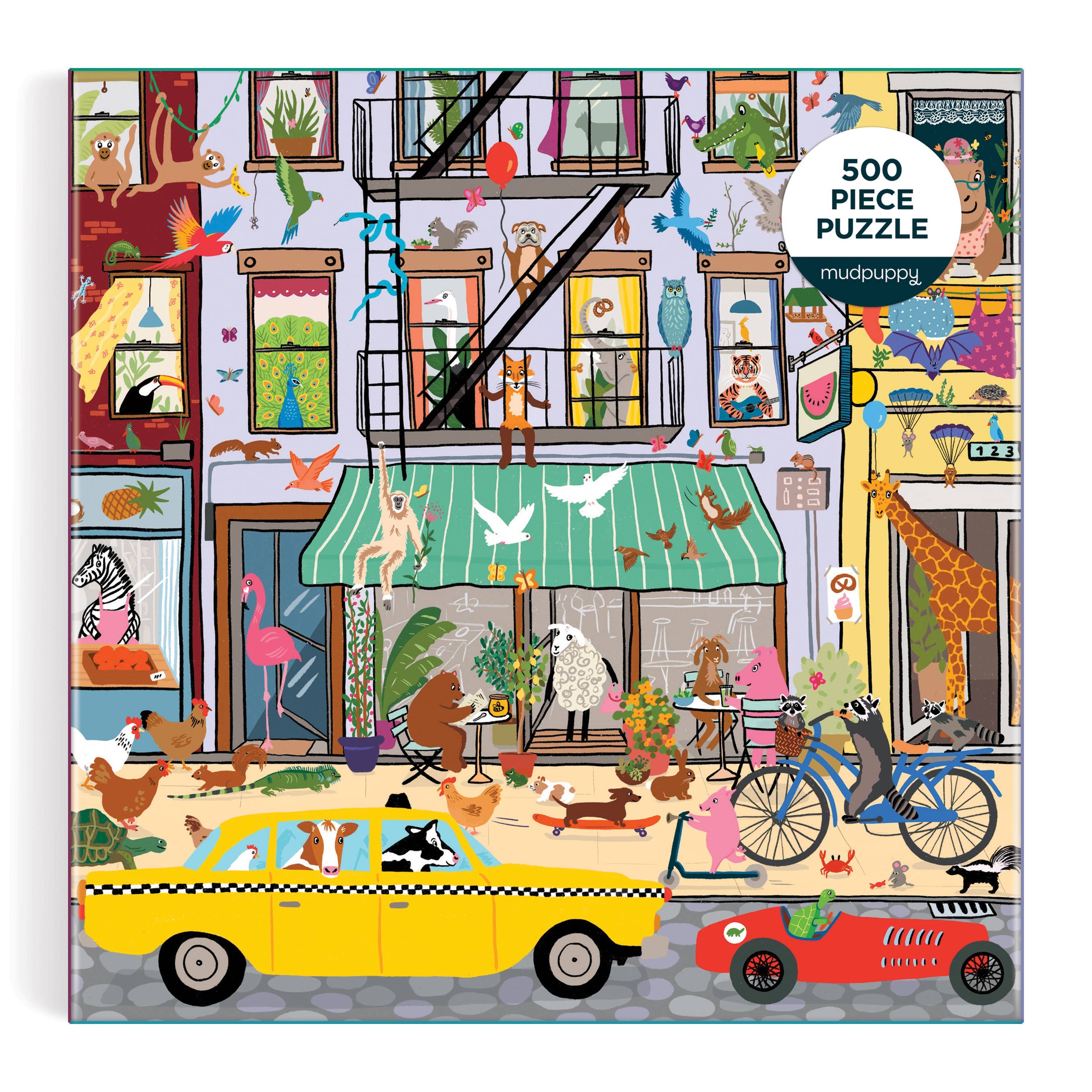 Critter City 500 Piece Family Puzzle featuring animals in a city street with buildings, vehicles, and outdoor scenes.