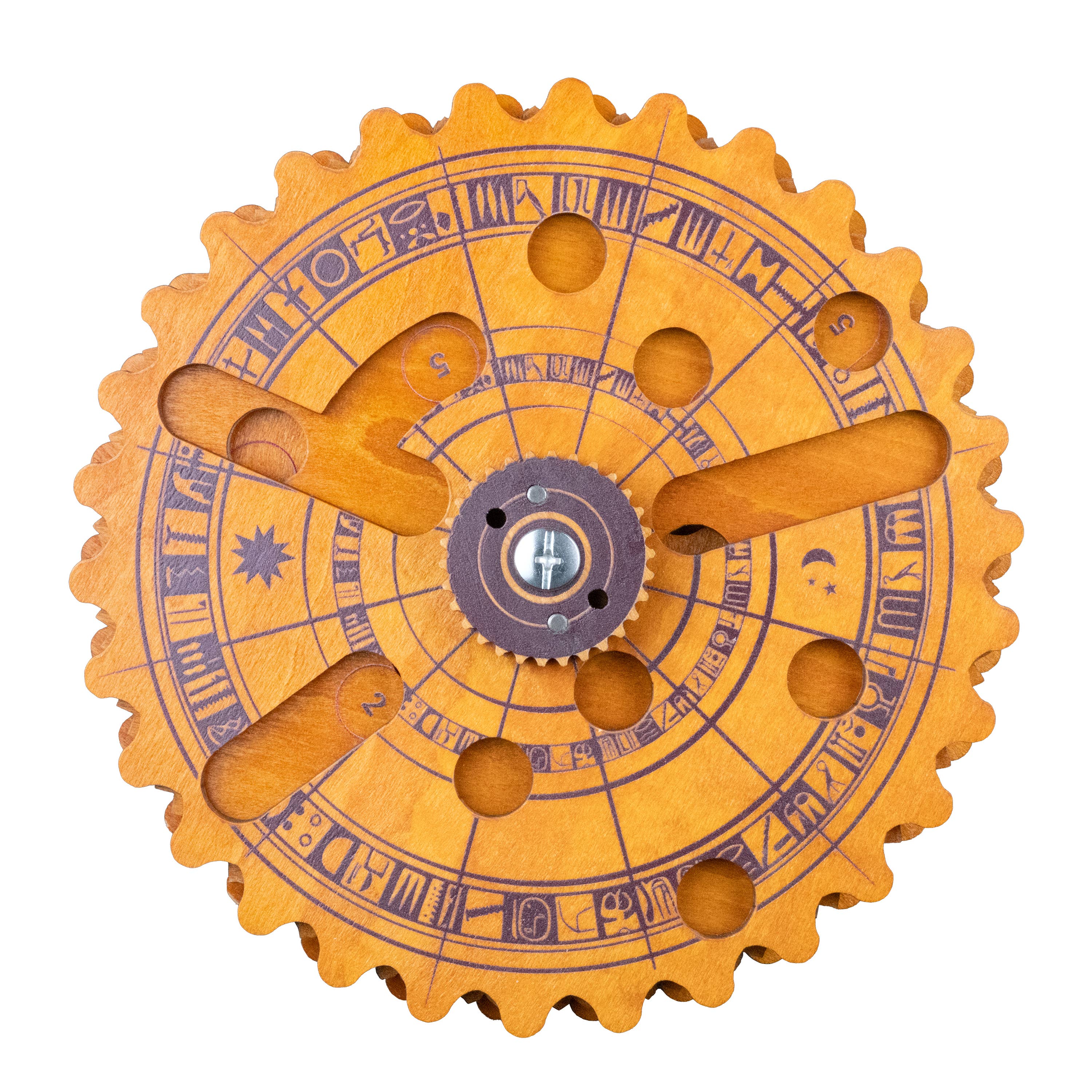 The Egyptian Almanac Mathematical Brainteaser with engraved symbols, rotating arms, and circular cutouts.