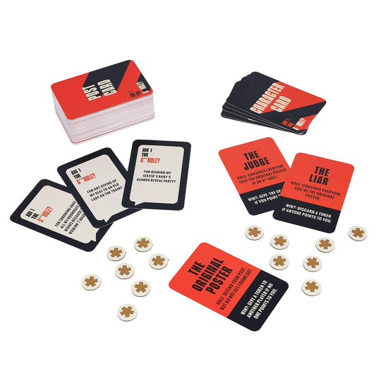 Am I The A**hole? card set with gold tokens and red, black, and white social deduction cards on white background.
