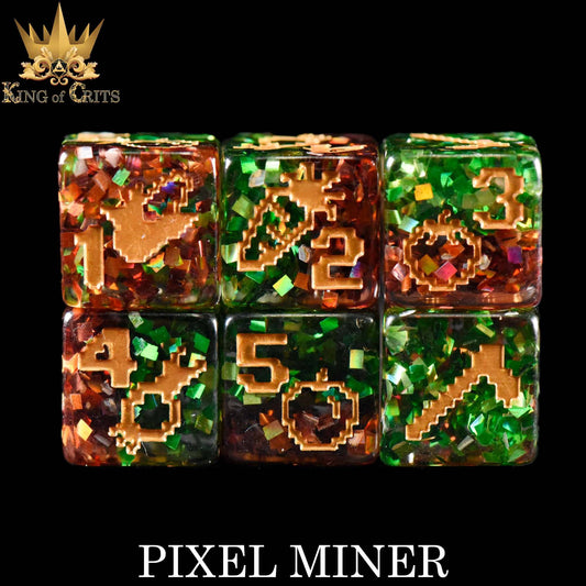 Pixel Miner 11-piece dice set with gold mining icons, labeled King of Crits.
