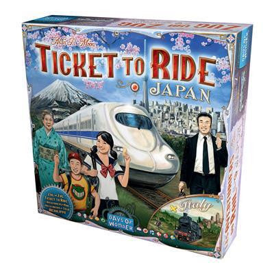 Ticket to Ride: Japan and Italy Map 7 game box featuring a bullet train, Mount Fuji, and people before a city skyline.