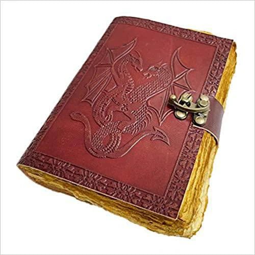 Azure Green Double Dragon Journal 5x7 in Vintage Brown with embossed dragons and handmade aged yellow pages.