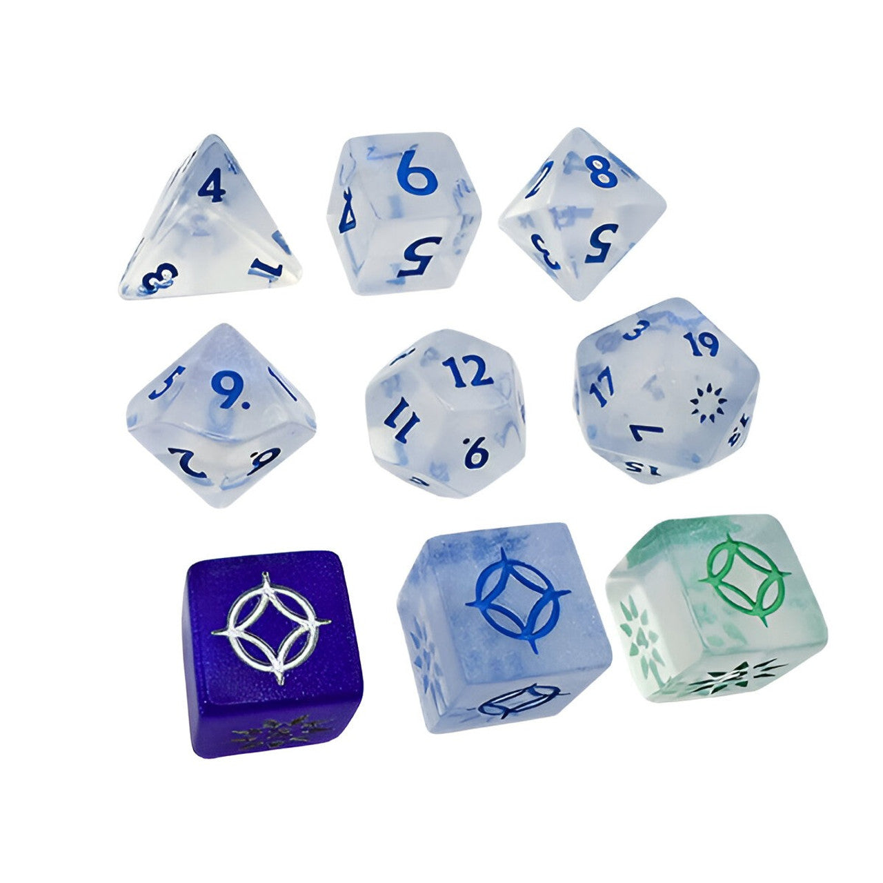The Cosmere RPG: Stormlight Dice Set with ten colorful polyhedral dice for the Cosmere Roleplaying Game.