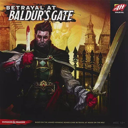Betrayal at Baldurs Gate game box featuring a man with a bloodied knife and sword standing before a gothic gate.