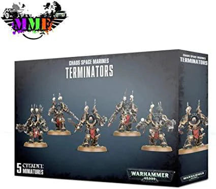 Chaos Space Marines Chaos Terminator Squad Warhammer 40k box with five painted miniatures displayed on the front.