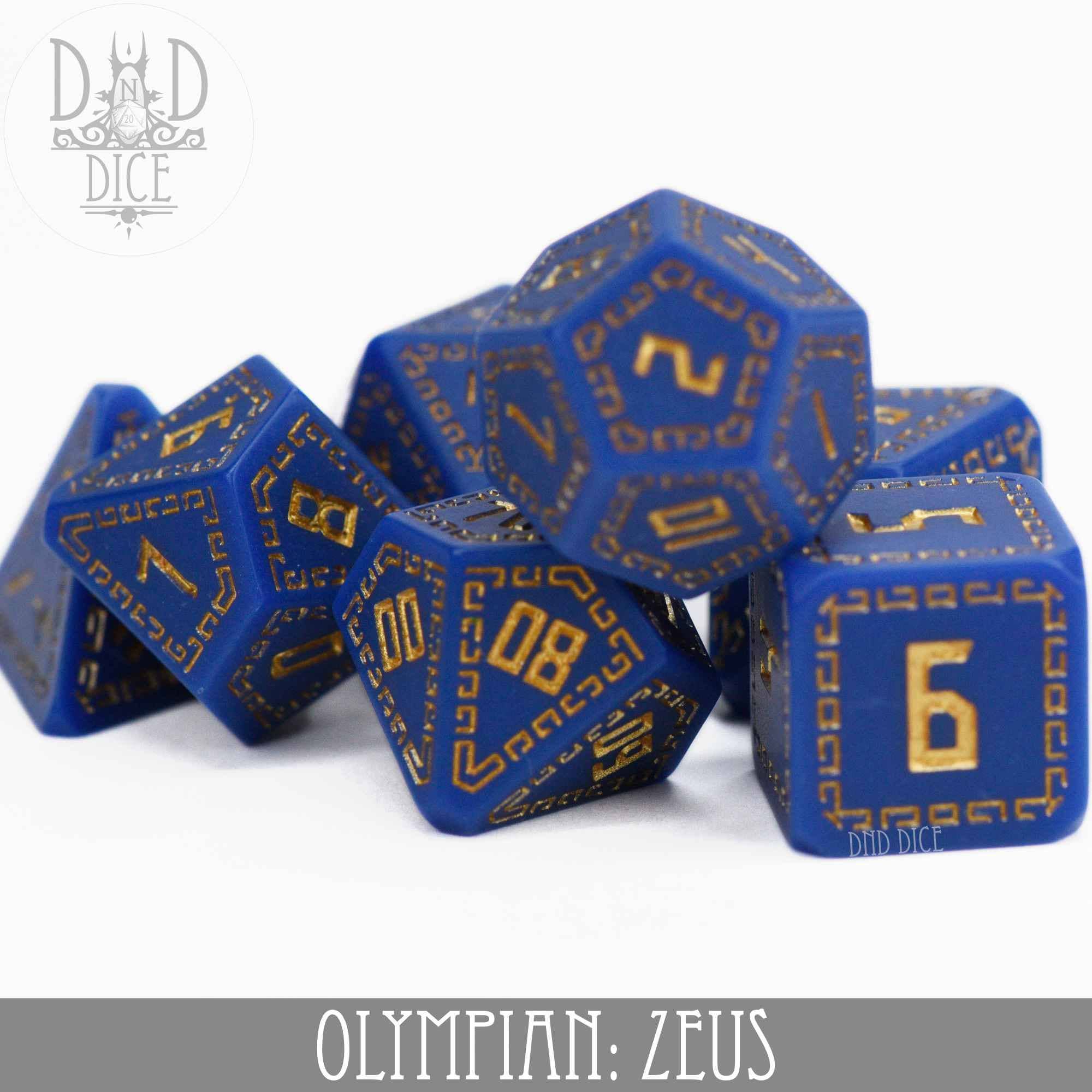 Olympian: Zeus blue resin DND dice set featuring gold numbers and designs.