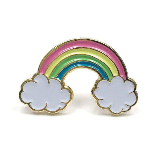 Kolorspun Rainbow Enamel Pin with black metal, pink, yellow, and green bands, and white clouds at each end.