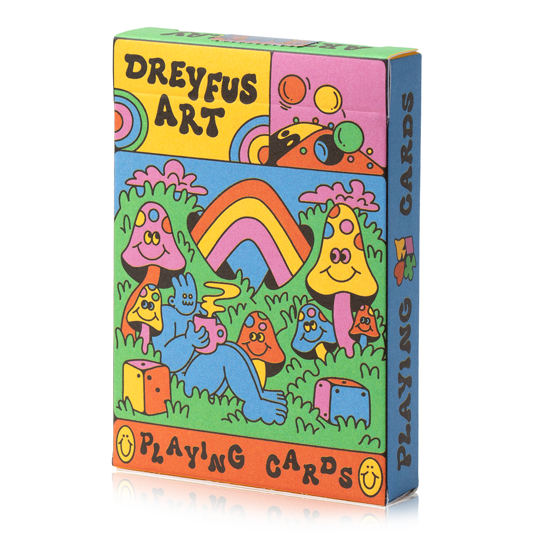 Dreyfus Art Playing Cards in a box with psychedelic mushroom, rainbow, and shape artwork.
