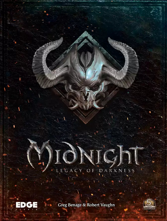 Midnight: Legacy of Darkness book cover with horned skull, mentions new races and heroic paths.