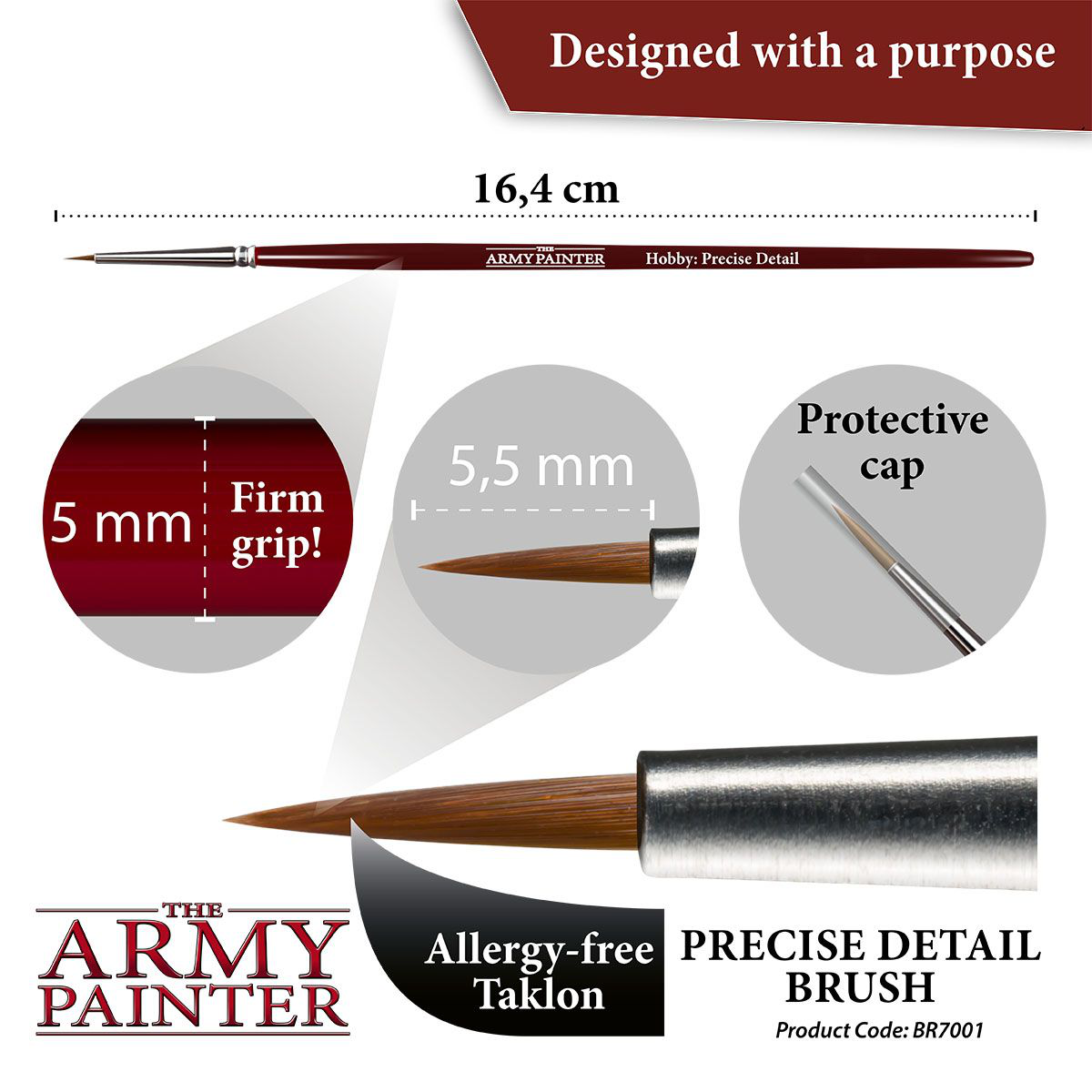 Hobby Brush Precise Detail, 16.4 cm long, 5mm grip, allergy-free Taklon bristles, includes protective cap.