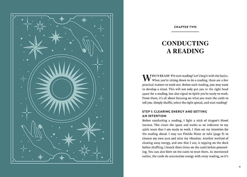 Open book displaying pages from Reading Tarot: Find Your Inner Fortune Teller with illustration and reflection text.