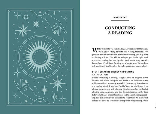 Open book displaying pages from Reading Tarot: Find Your Inner Fortune Teller with illustration and reflection text.