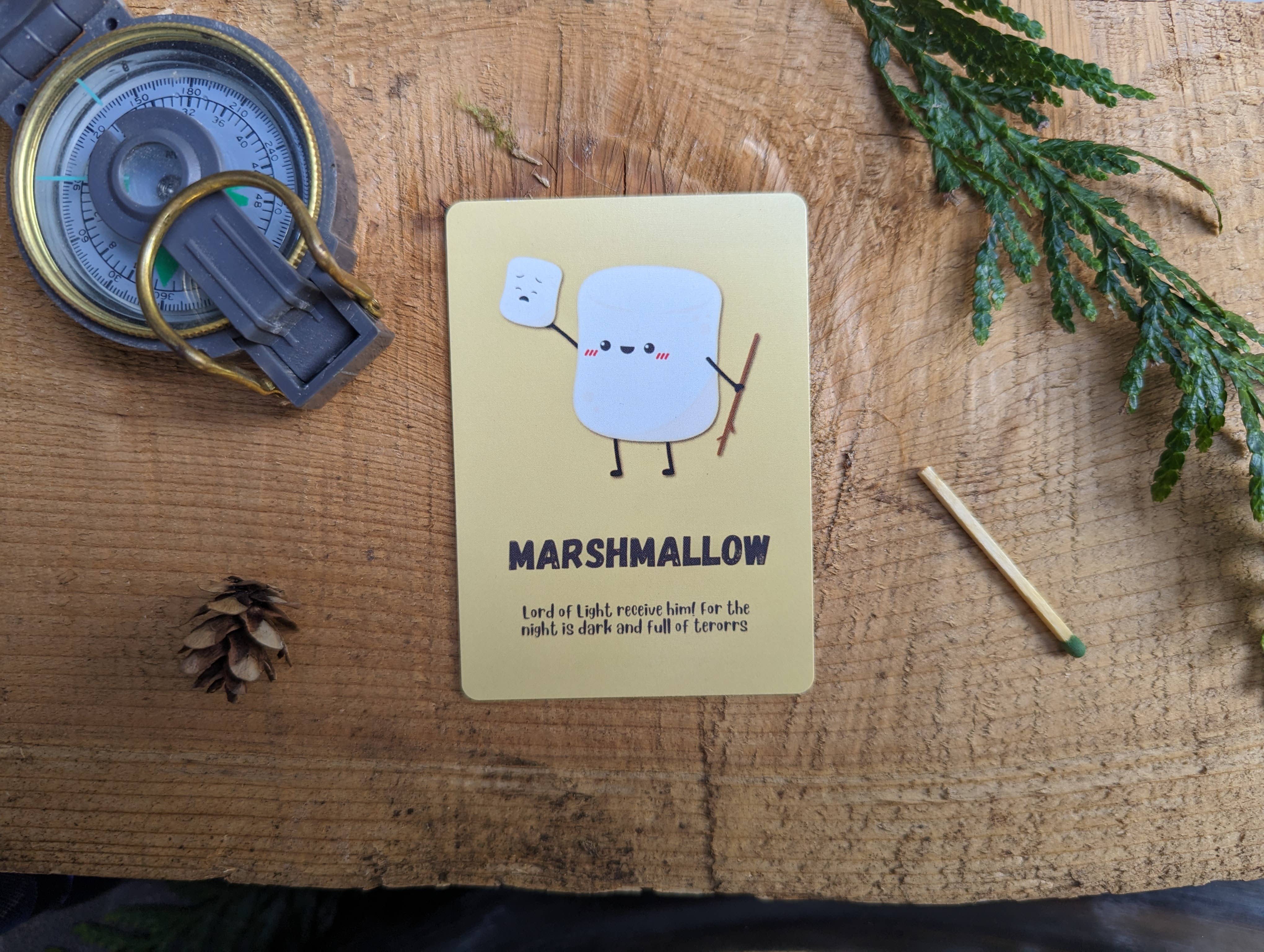 Roast variant product for s’mores, displayed on a wooden table.