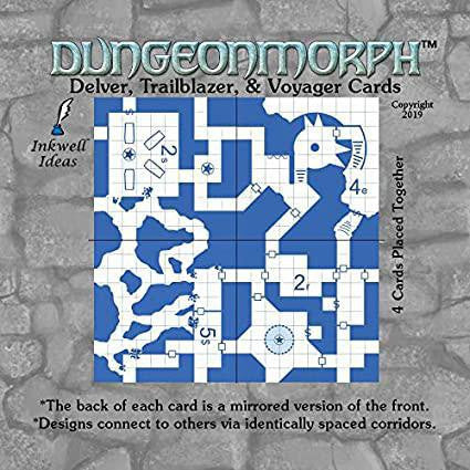 DungeonMorph Cards: Delver, blue and white dungeon map for card or graph paper use.