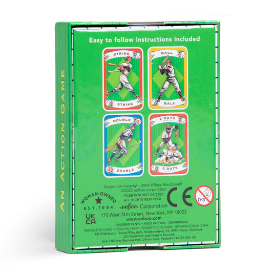 Back of green Baseball Playing Cards box showing four illustrated cards and brief rules.