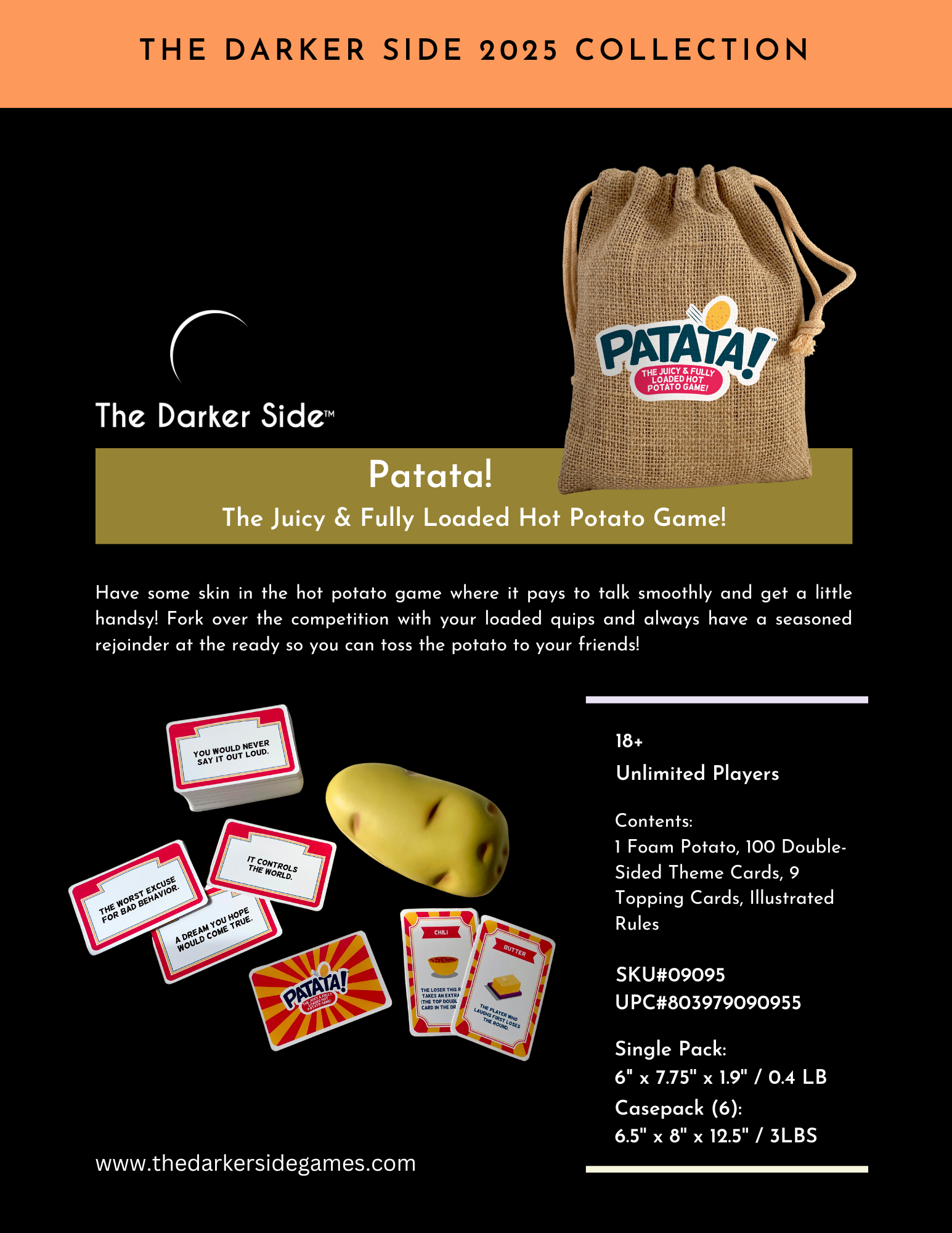 Patata 18+ hot potato game including 1 foam potato and 100 cards.