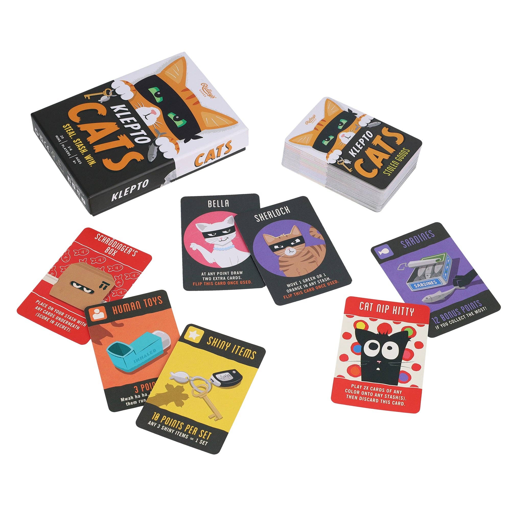 Klepto Cats card game set with cards featuring cat burglars and various loot items displayed.