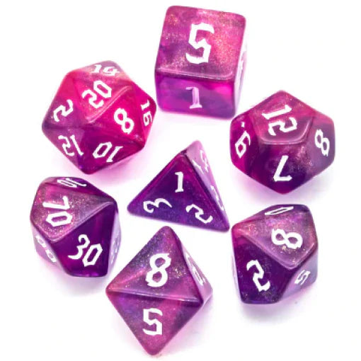 Gravity Elemental RPG Dice Set featuring seven pink and purple polyhedral dice for role-playing games.