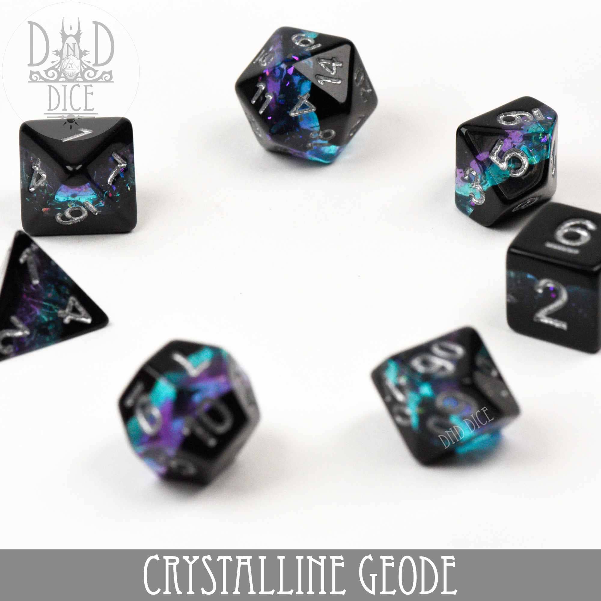 Crystalline Geode 7-dice set with black resin and blue-purple crystal-like accents.