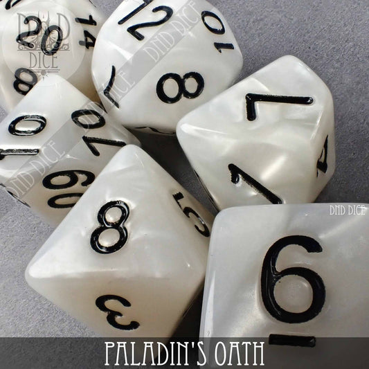 Set of white acrylic DND dice with black numbers, labeled Holy Order at the bottom.