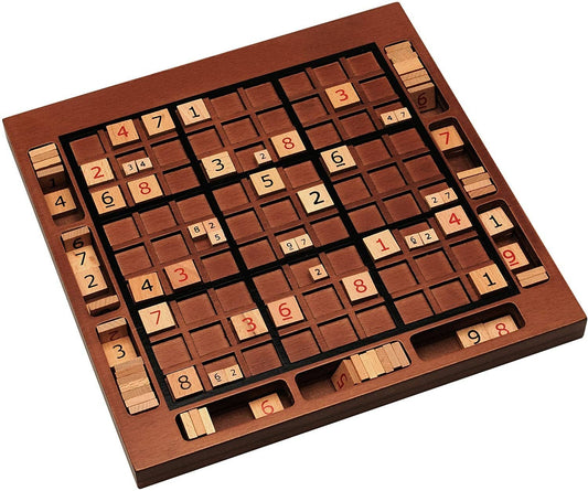 Wooden Sudoku board, walnut stain, 11.5 in., with wooden tiles and some pre-filled squares.
