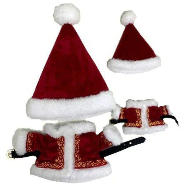C is for Cthulhu Santa Suit, a red and white pet accessory with gold trim for holidays.