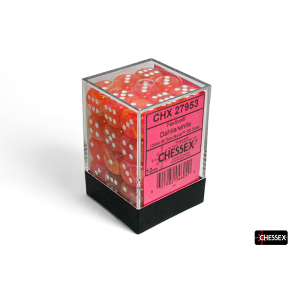 Box of 36 Festive Dahlia/White 12mm d6 dice with pink label.