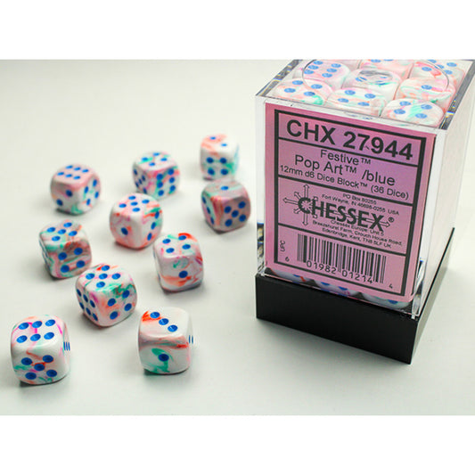 Festive Pop-Art/Blue 12mm d6 dice set shown with labeled box, 36d6.