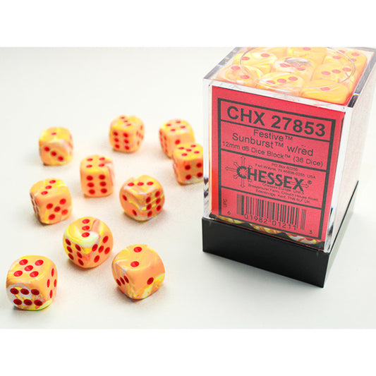 Festive Sunburst/Red 36d6 block with several loose 12mm dice nearby.