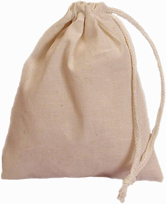 Beige cloth drawstring bag designed to store the WE Games Clear Dice - Set of 6.