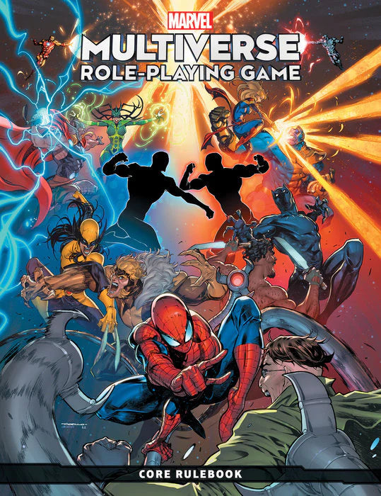 Marvel Multiverse RPG Core Rulebook featuring Spider-Man and other comic heroes on the cover.