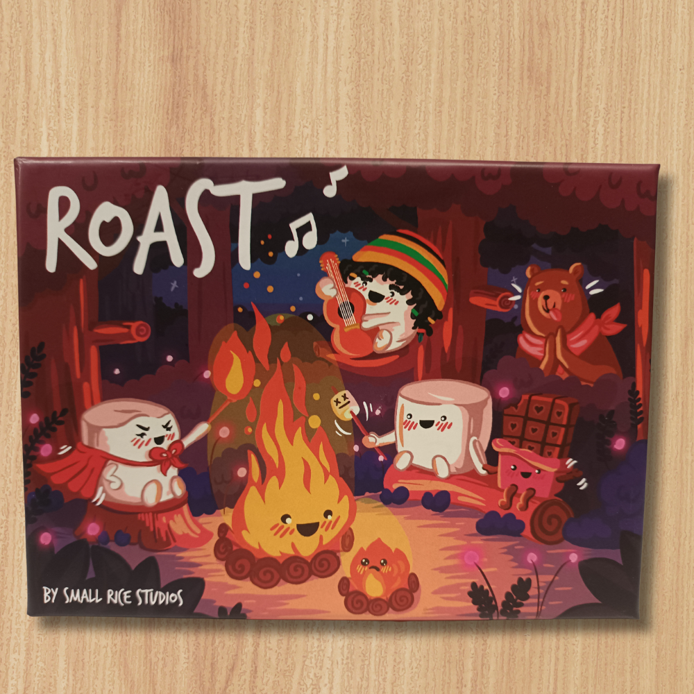 Roast: A Game of Sinister Sweetness featuring cartoon marshmallows and animals roasting s’mores.