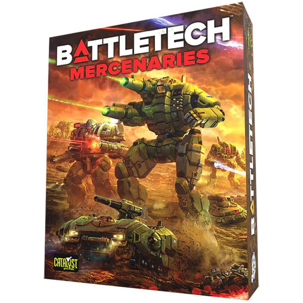 Battletech: Mercenaries Limited Edition Box Set cover with BattleMechs and tanks in a fiery battle.