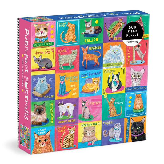 The Purr-fect Portraits 500 Piece Family Puzzle box with illustrated cat portraits and breed names on the front.