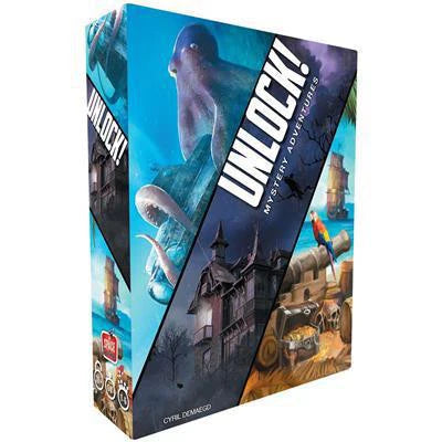 UNLOCK Mystery Adventures escape room game box featuring an octopus, haunted house, and pirate ship.
