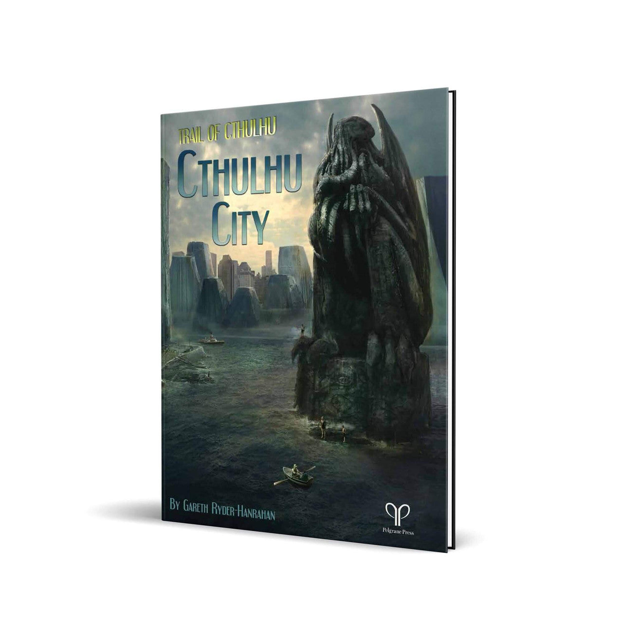 Cthulhu City book cover featuring a giant Cthulhu statue, waterfront, boats, and Great Arkham skyline.