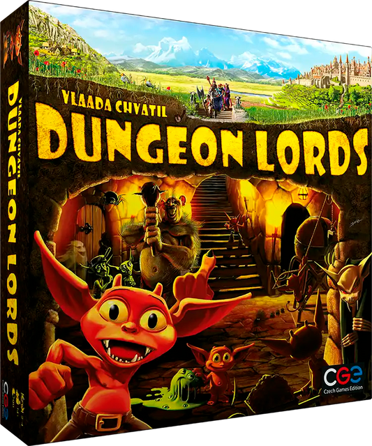Dungeon Lords board game box featuring cartoon monsters constructing a dungeon, with a castle and landscape above.