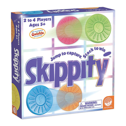 Skippity board game box with colorful chips, labeled for ages 5+ and 2-4 players; package shows game details.