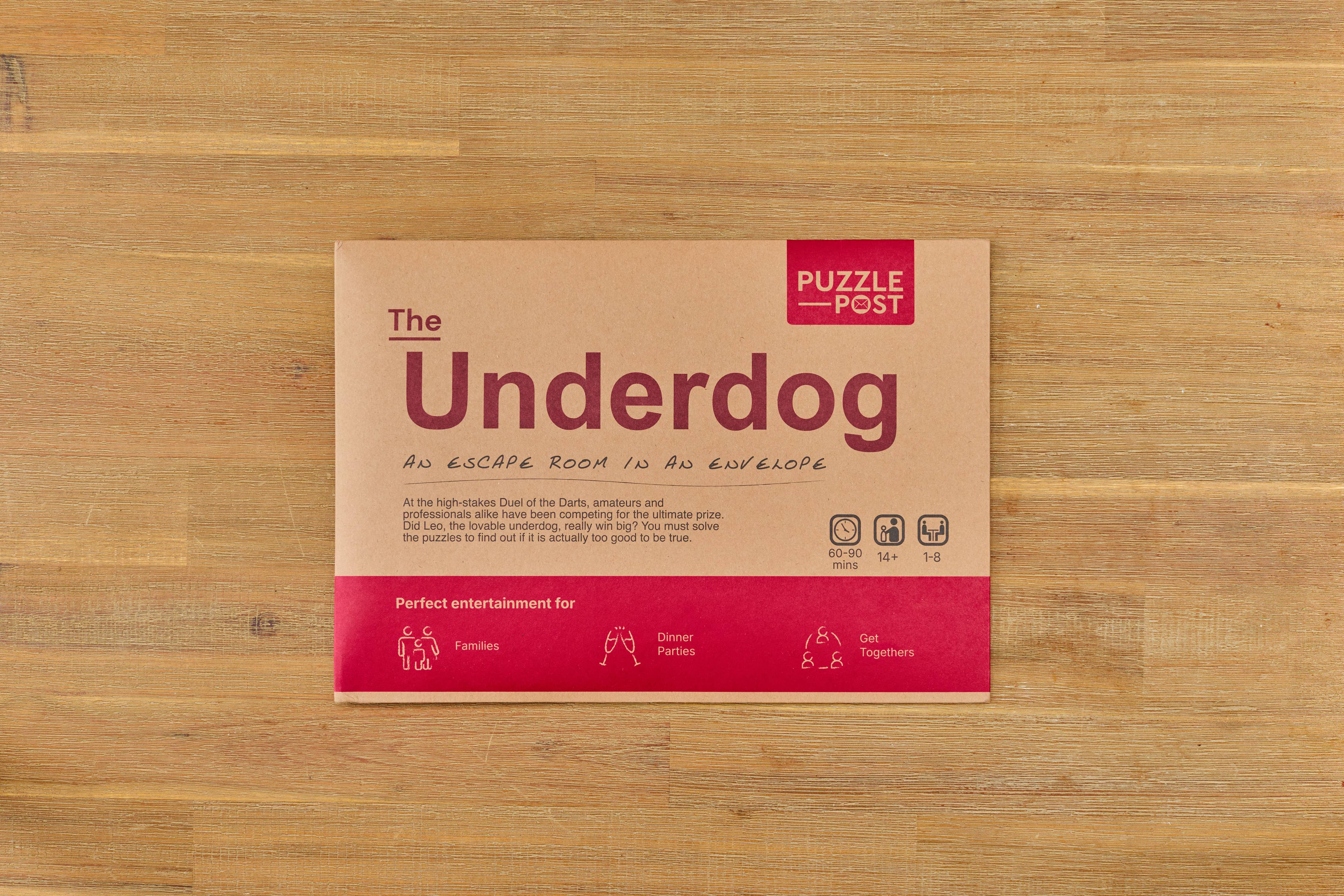 Brown envelope labeled Escape Room | Puzzle Game | Board Game | The Underdog.
