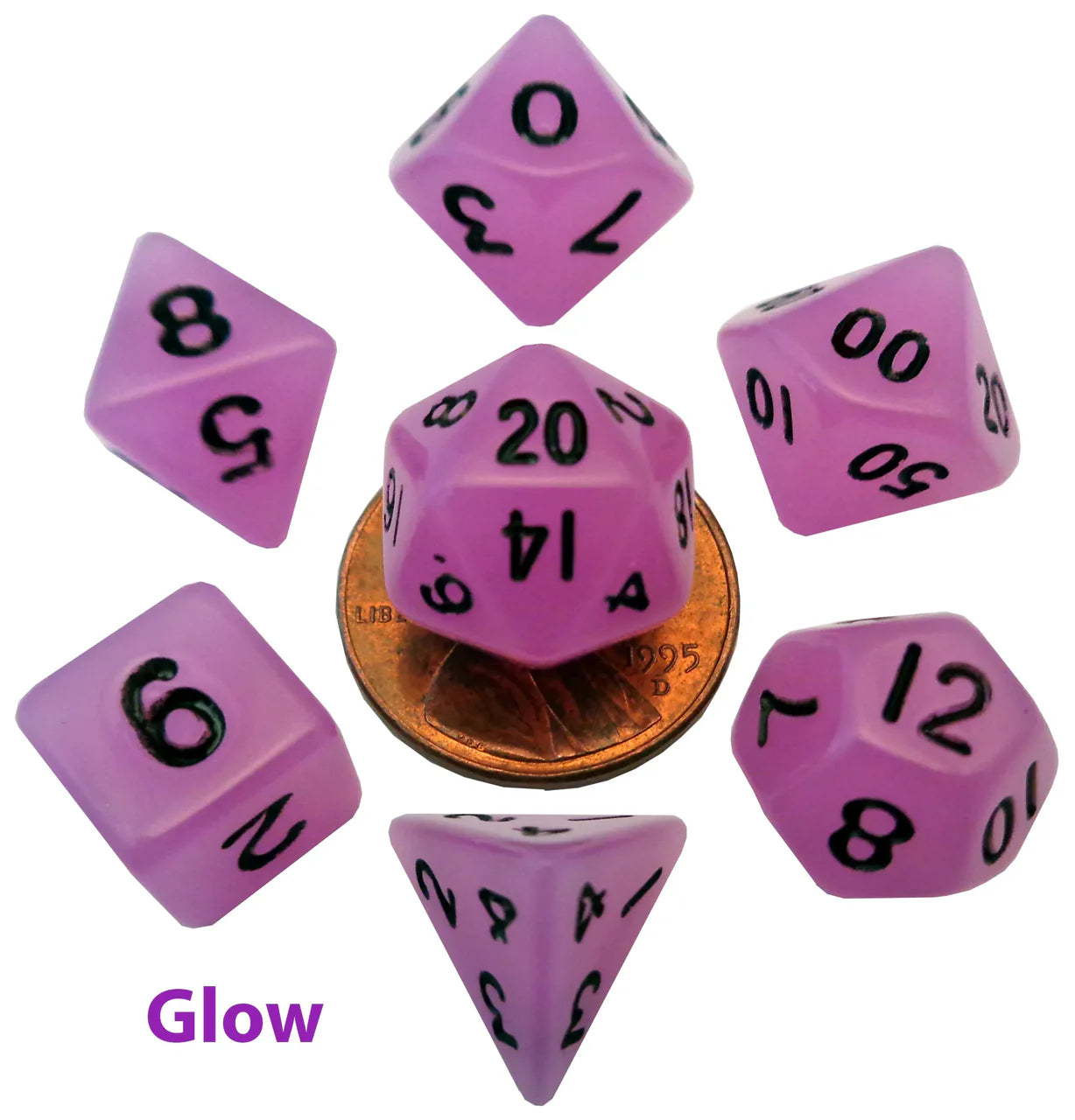 Seven glow-in-the-dark purple 10mm mini polyhedral dice with black numbers, shown near two pennies.