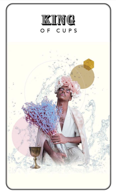 Gold Lyre Tarot deck card featuring a crowned figure holding a cup with water splashing, adorned with flowers.