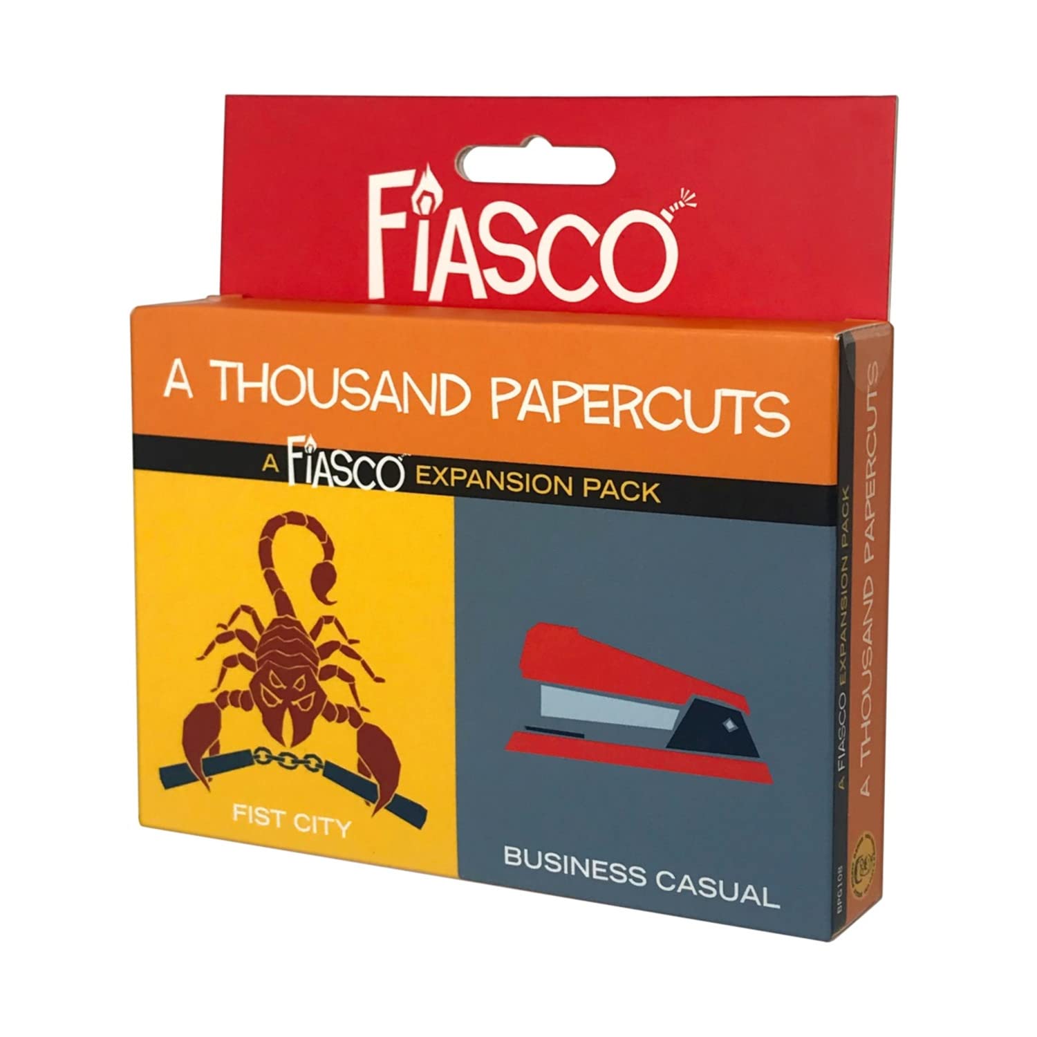 Fiasco Expansion Pack: A Thousand Papercuts box featuring scorpion and red stapler illustrations.
