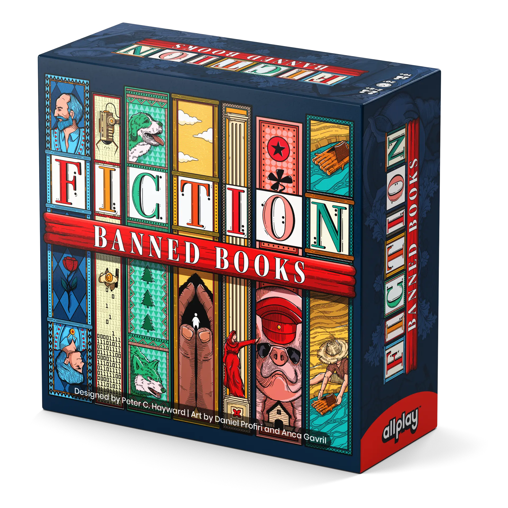 Fiction: Banned Books, a Wordle-style party game about banned books in an illustrated, colorful box.